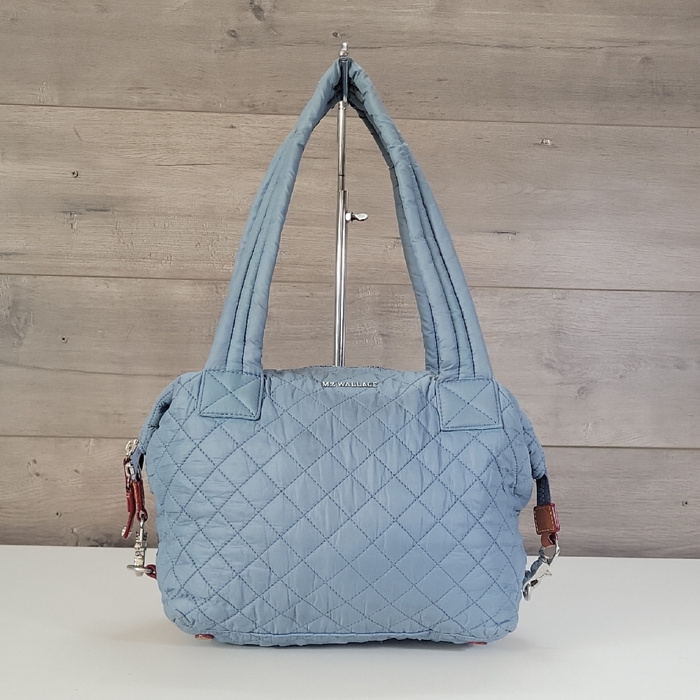 MZ Wallace Light Blue Quilted Nylon Shoulder Tote Bag